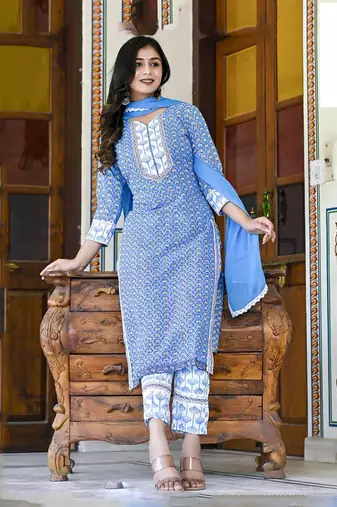 Blue Ethnic A-Line Wedding Wear Kurti With Pant & Dupatta Set