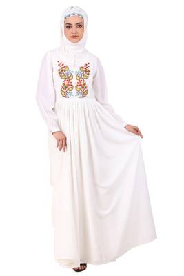 Heavy Flared Hand Embroidered White Abaya 1