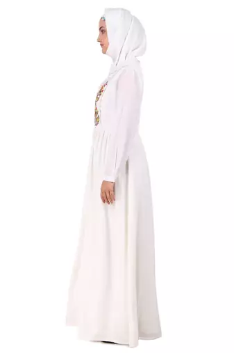 Heavy Flared Hand Embroidered White Abaya