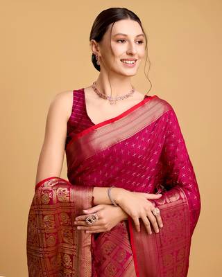Hot Pink Silk Zari Work Kanjivaram Saree 4