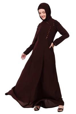 Button Embellished Curved Placket Brown Nida Abaya 1