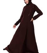 Button Embellished Curved Placket Brown Nida Abaya