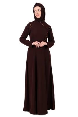 Button Embellished Curved Placket Brown Nida Abaya 2