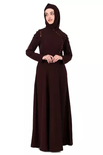 Button Embellished Curved Placket Brown Nida Abaya