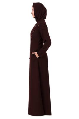 Button Embellished Curved Placket Brown Nida Abaya 3