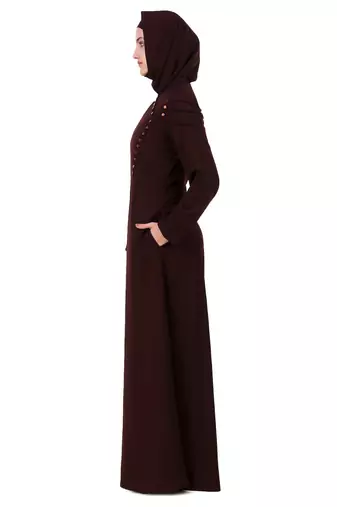 Button Embellished Curved Placket Brown Nida Abaya