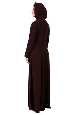 Button Embellished Curved Placket Brown Nida Abaya 4