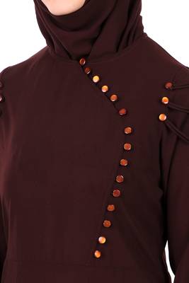 Button Embellished Curved Placket Brown Nida Abaya 5