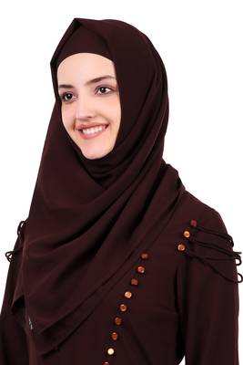 Button Embellished Curved Placket Brown Nida Abaya 6