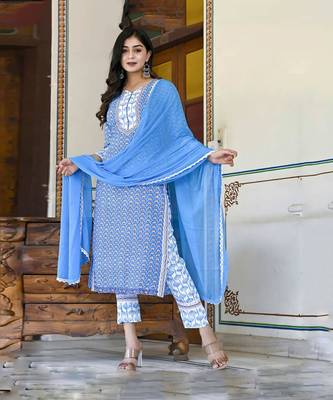 Blue Ethnic A-Line Wedding Wear Kurti With Pant & Dupatta Set 1