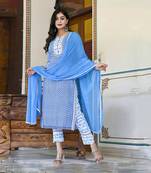 Blue Ethnic A-Line Wedding Wear Kurti With Pant & Dupatta Set