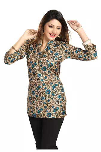 Beige printed Cotton Blend short-kurtis
