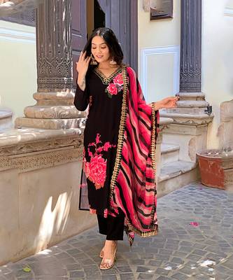 Black printed and embroidered muslin  stitched straight pant style salwar suit 6