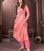 Peach printed & handwork rayonsalwar kameez alia cut with two pocket stitched