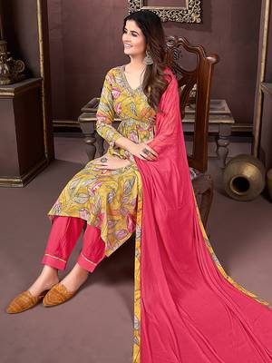 Mustard printed & handwork rayonsalwar kameez alia cut with two pocket stitched 1