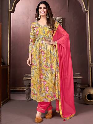 Mustard printed & handwork rayonsalwar kameez alia cut with two pocket stitched 2