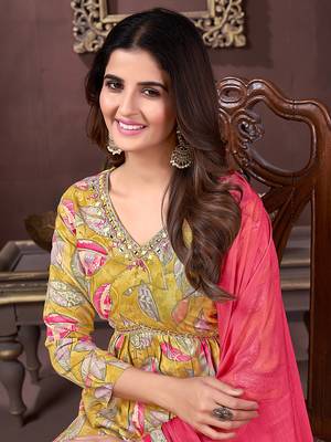 Mustard printed & handwork rayonsalwar kameez alia cut with two pocket stitched 3