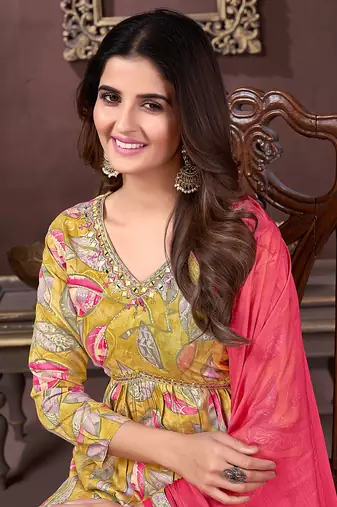 Mustard printed & handwork rayonsalwar kameez alia cut with two pocket stitched