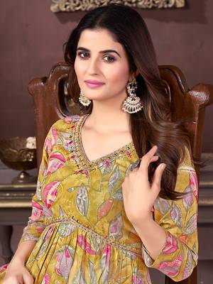 Mustard printed & handwork rayonsalwar kameez alia cut with two pocket stitched 4