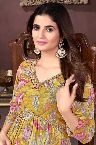 Mustard printed & handwork rayonsalwar kameez alia cut with two pocket stitched