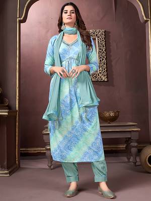 Sky blue printed & handwork rayonsalwar kameez alia cut with two pocket stitched 1
