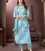 Sky blue printed & handwork rayonsalwar kameez alia cut with two pocket stitched