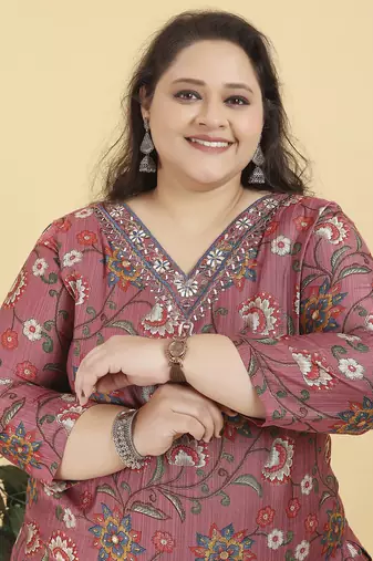 Peach digital print & handwork lichi viscose salwar kameez readymade two pockets stitched