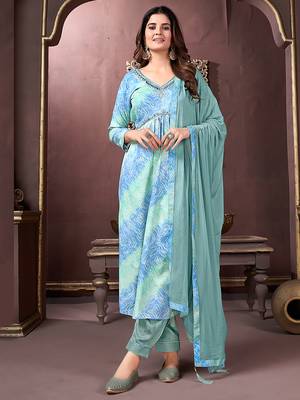 Sky blue printed & handwork rayonsalwar kameez alia cut with two pocket stitched 2
