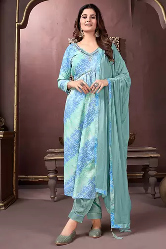 Sky blue printed & handwork rayonsalwar kameez alia cut with two pocket stitched