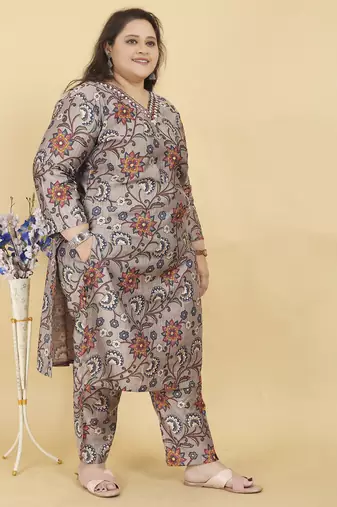 Beige digital print & handwork lichi viscose salwar kameez readymade two pockets stitched