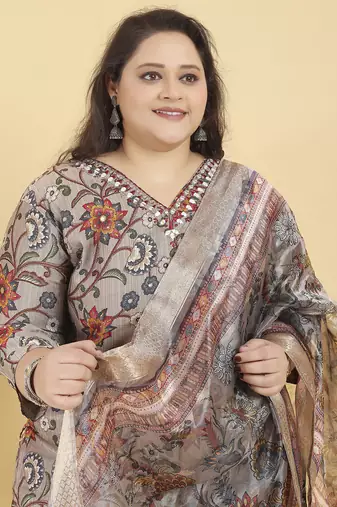 Beige digital print & handwork lichi viscose salwar kameez readymade two pockets stitched