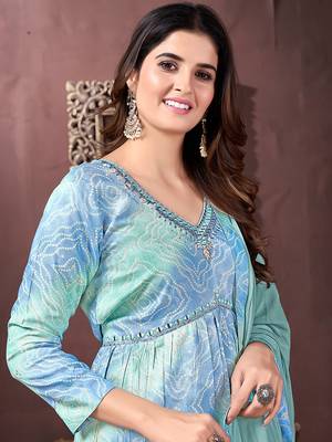 Sky blue printed & handwork rayonsalwar kameez alia cut with two pocket stitched 3