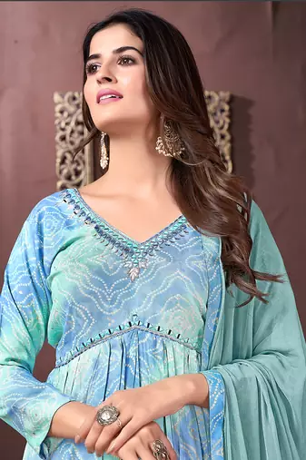 Sky blue printed & handwork rayonsalwar kameez alia cut with two pocket stitched