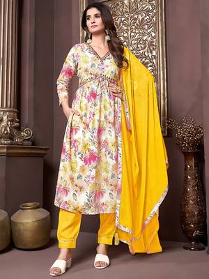 Yellow printed & handwork rayon readymade salwar kameez alia cut with two pocket stitched 1