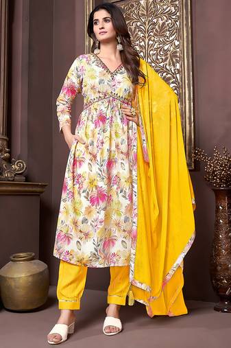 Yellow printed & handwork rayon readymade salwar kameez alia cut with two pocket stitched