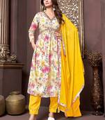 Yellow printed & handwork rayon readymade salwar kameez alia cut with two pocket stitched