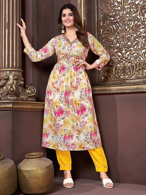 Yellow printed & handwork rayon readymade salwar kameez alia cut with two pocket stitched 2