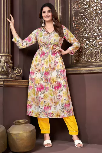Yellow printed & handwork rayon readymade salwar kameez alia cut with two pocket stitched