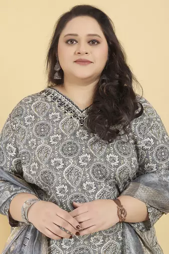 Grey digital print & handwork rayonsalwar kameez readymadetwo pockets stitched