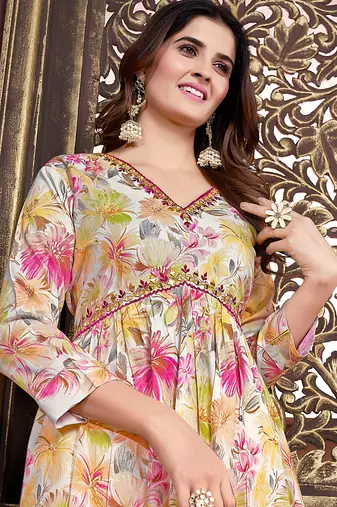 Yellow printed & handwork rayon readymade salwar kameez alia cut with two pocket stitched