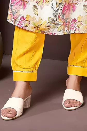 Yellow printed & handwork rayon readymade salwar kameez alia cut with two pocket stitched