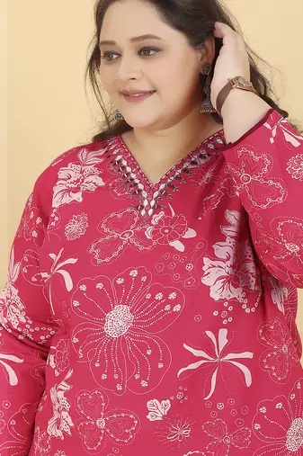 Pink digital print & handwork riyonsalwar kameez readymade with two pockets stitched