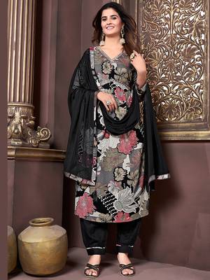 Black printed & handwork rayon readymade salwar kameez alia cut with two pocket stitched 1