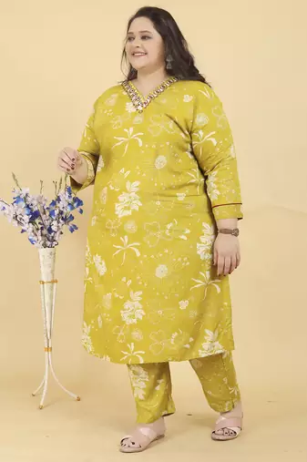 Yellow digital print & handwork riyonsalwar kameez readymade with two pockets stitched