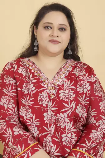 Red digital print & handwork lichi viscose salwar kameez readymade with two pockets stitched
