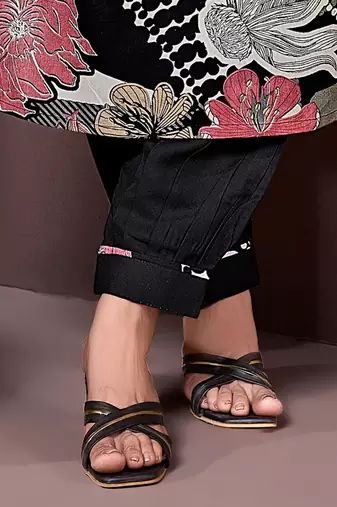 Black printed & handwork rayon readymade salwar kameez alia cut with two pocket stitched