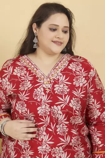 Red digital print & handwork lichi viscose salwar kameez readymade with two pockets stitched