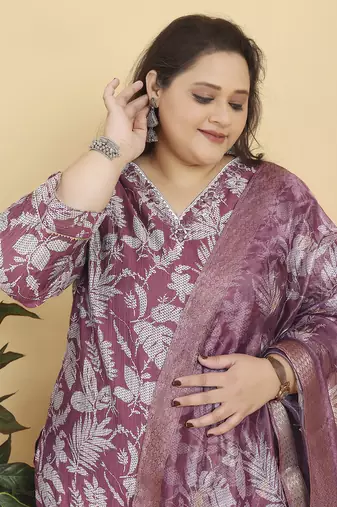 Deep dusty rose digital print & handwork lichi viscose salwar kameez readymade with two pocket stitched