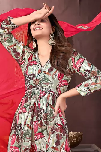 pista green rayon salwar kameez with printed work