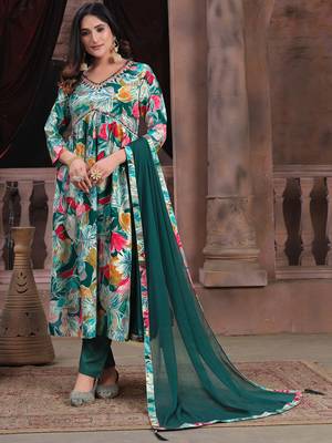 Green printed & handwork rayon readymade salwar kameez alia cut with two pocket stitched 1